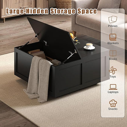 Lift Top Coffee Table with Storage, 31.5" Square Black Coffee Table with Large Hidden Storage, Wood Living Room Table Center Table for Living Room Dining Reception Room