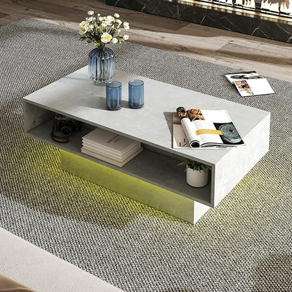 LED Coffee Table with Storage, Rectangular Center Table for Living Room, Modern High Glossy Farmhouse Grey Coffee Table with 16 Colors LED Lights, Wooden Living Room Table