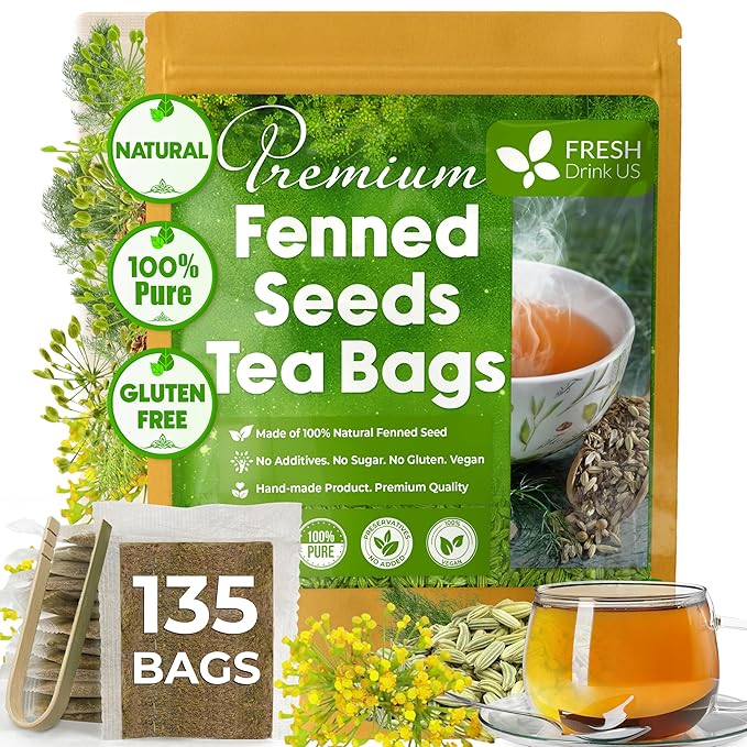 FreshDrinkUS, Premium 135 Fennel Tea Bags, 100% Natural & Pure from Fennel Seeds. Made with Natural Material Tea Bags. No Sugar, No Caffeine, No Gluten, Vegan.