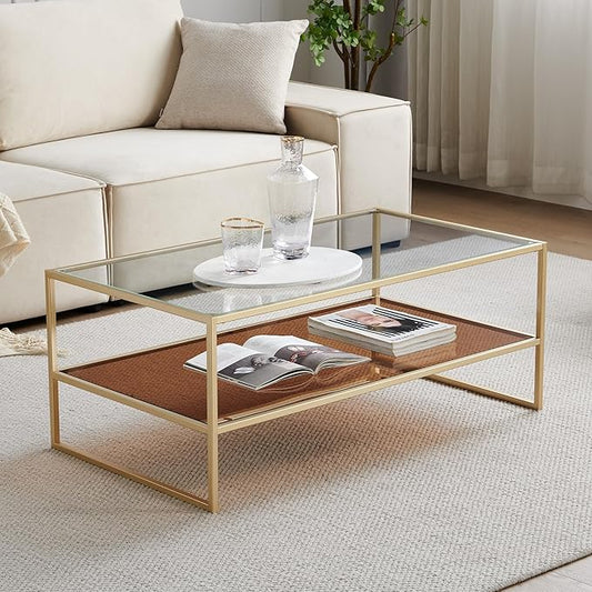 Shrine Glass Coffee Table, Dual-Layer Glass Coffee Table for The Living Room, Gold-Plated Metal Frame, Golden Hardware, Lower Tier with Tinted Glass