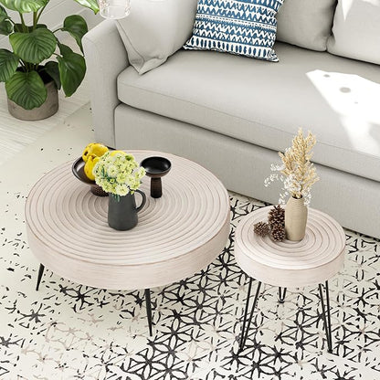 2-Piece Modern Farmhouse Living Room Coffee Table Set, Round Table Natural Finish with Handcrafted Wood Ring Motif, White