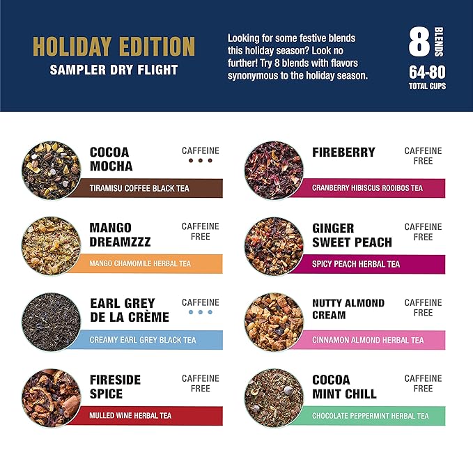 Tiesta Tea - Holiday Tea Sampler Dry Flight Set, Loose Leaf, High to No Caffeine Hot & Iced, Premium Brew Sample with Black, Herbal, Fruit & Hibiscus Blends, 8 Resealable Sample Pouches