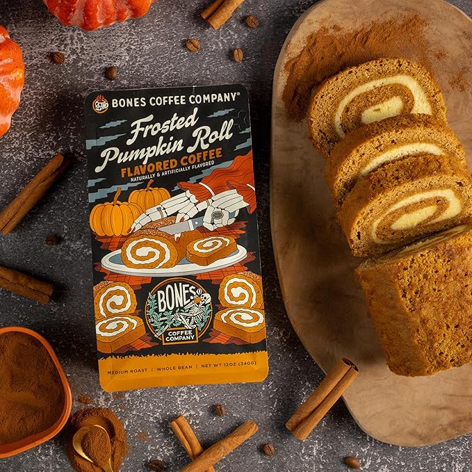 Bones Coffee Company Frosted Pumpkin Roll Flavored Coffee, Medium Roast Low Acid Arabica Beans Compatible with Auto drip and French Press Coffee Maker, 12 Oz Whole Bean