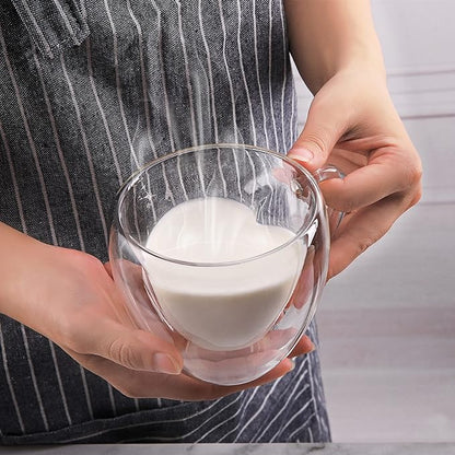 CNGLASS Mothers Day Gifts for Mom,Double Wall Heart Shaped Glass Coffee Mugs 8.5oz,Insulated Clear Tea Cups with Handle,Unique Glass Espresso Mugs for Coffee,Cappuccino,Latte,Milk,Set of 2