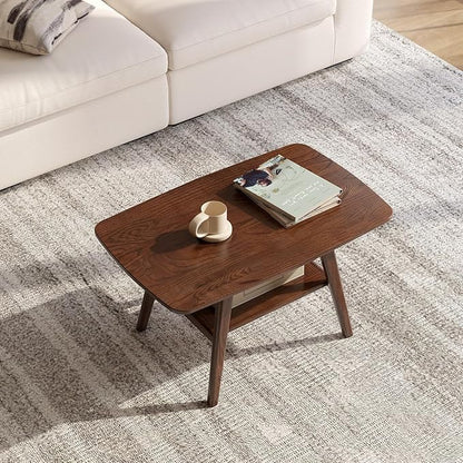 100% Solid Wood Coffee Table for Living Room, 31.5" Small Tables with Shelf Storage, Mid Century Modern Storage Coffee Table with Rounded Corners (Oak Wood Walnut Color)