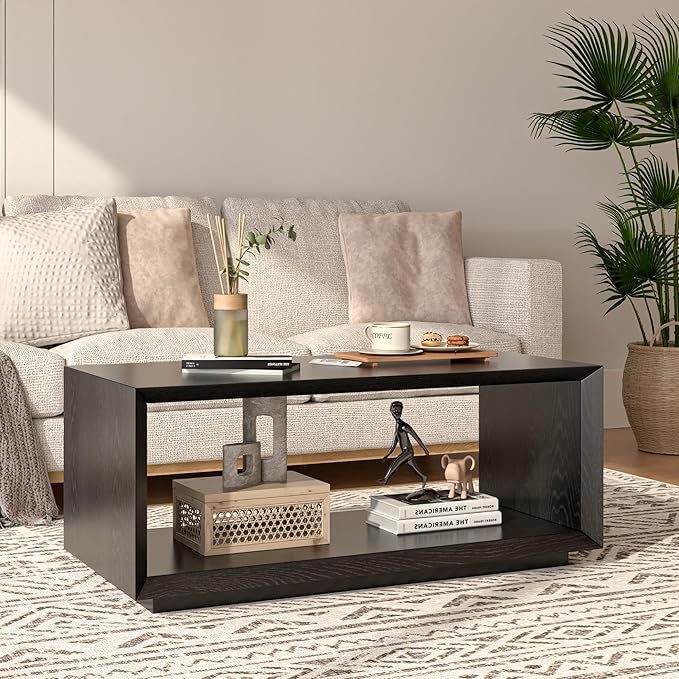 Coffee Table with Storage, Mid Century Modern, Rectangle Cocktail Tea Table, Farmhouse Wood Coffee Table for Living Room, Home Office (Black)