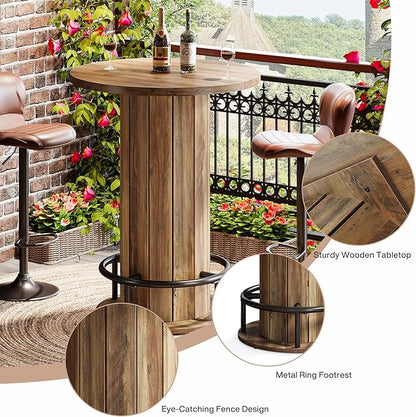 Tribesigns Round Bar Table, 39.4" H Wood Bistro Pub Table with Metal Ring Footrest for Dining Coffee Cocktail Living Room, Small Space, Brown(Only Table)