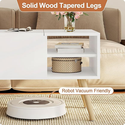 ALINE FURNITURE White Coffee Table Lift Top - Coffee Table with Solid Wood Legs, Hidden Storage Compartment & Open Shelves - 40" Lift Up Coffee Tables for Living Room