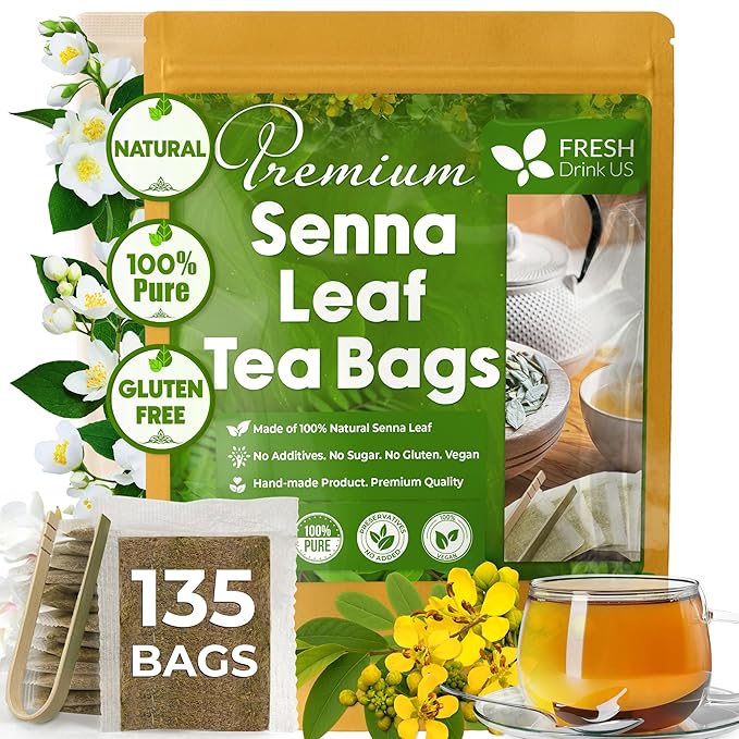 FreshDrinkUS, Premium 135 Senna Leaf Tea Bags for Constipation, Supports Your Cardiovascular System, 100% Natural & Pure. Loose Leaf Senna Herbal Tea, Made with Natural Material Tea Bags. Non GMO, No Sugar/ Caffeine/ Gluten, Vegan.