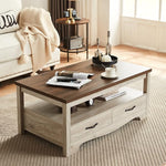 Load image into Gallery viewer, LINSY HOME Farmhouse Coffee Table with Storage, Wood Coffee Table for Living Room, Open Display Area and Storage Drawers with Metal Handles, Chic Style with Curved Base. Oak and Brown