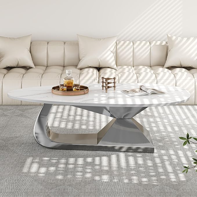 Modern Coffee Table with Silver Stainless Steel Pedestal,Oval Living Room Table with Faux Marble Top,Sintered Stone Cocktail Center Table Marble Grain,51.20inch