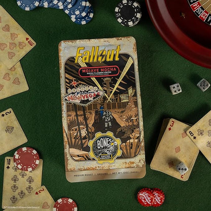 Bones Coffee Company Fallout Mojave Mocha, Mocha Flavored Coffee, Medium Roast Low Acid Arabica Beans Compatible with Auto drip and French Press Coffee Maker, 12 Oz Whole Bean