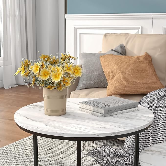 Nesting Round Coffee Table Set of 2 End Tables for Living Room,Circular and Marble Coffee Table Wooden Accent Furniture with Metal Frame,Stacking Side Tables,Black