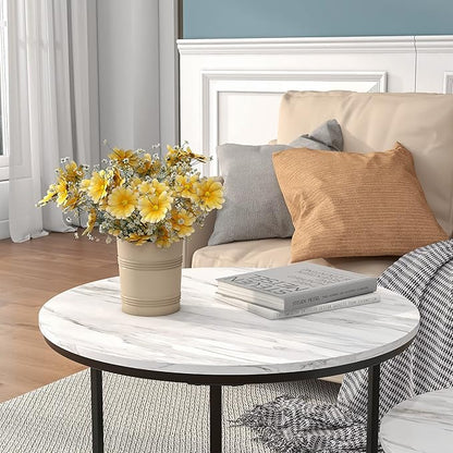 Nesting Round Coffee Table Set of 2 End Tables for Living Room,Circular and Marble Coffee Table Wooden Accent Furniture with Metal Frame,Stacking Side Tables,Black