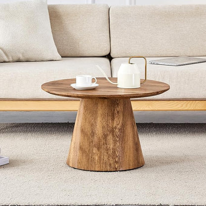 Wood Coffee Table, 25.6" Small Coffee Table, Natural Wood Grain Round Tabletop with Wooden Cone Base, Round Living Room Table with Adjustable Feet, Mid Century Center Table for Apartment,Small Space