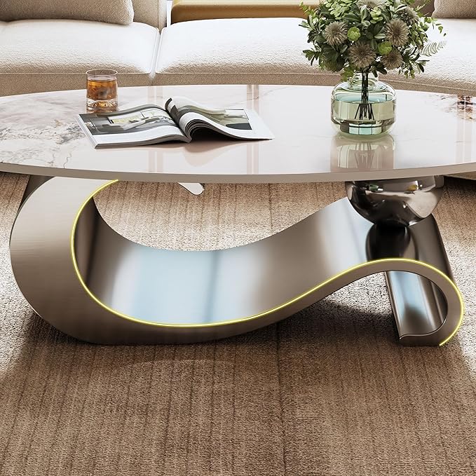 Marble Grain Coffee Table with Gold Stainless Steel Pedestal,Modern Coffee Tables,Oval Living Room Table with Faux Marble Top & Luxury Legs,Sintered Stone Cocktail Center Table,49.2 inch