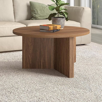 Henn&Hart 32" Round Wood Pedestal Coffee Table for Living Room, Family Room, Office, or Apartment, Satin Walnut