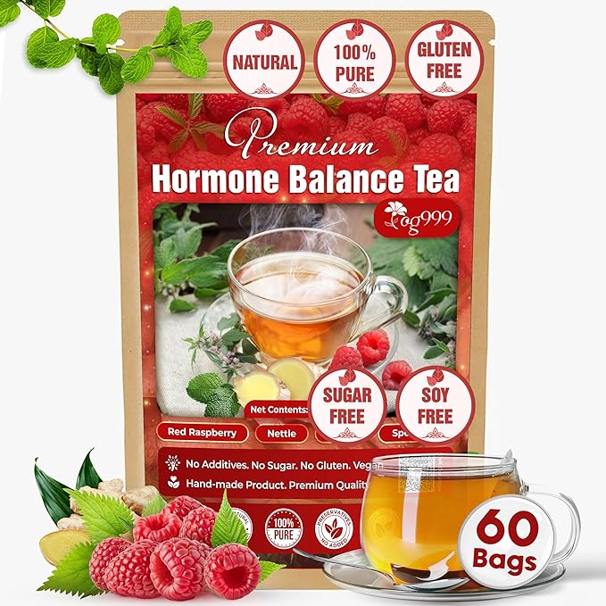 TOG999, 60 Tea Bags for Hormone Balance Menstrual Cycle Support, 100% Natural & Pure from Red Raspberry Leaves with Spearmint Flavor. Natural Material Tea Bags. No Sugar, No Caffeine, Vegan. (60 Teabags)