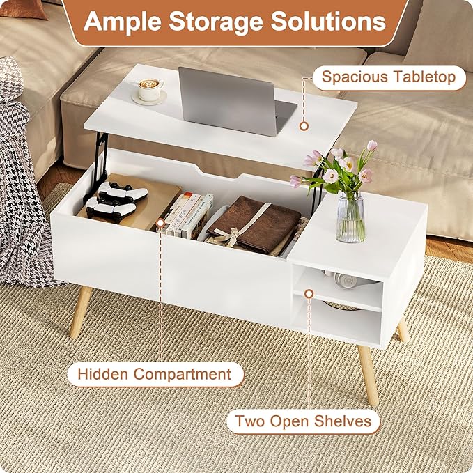 ALINE FURNITURE White Coffee Table Lift Top - Coffee Table with Solid Wood Legs, Hidden Storage Compartment & Open Shelves - 40" Lift Up Coffee Tables for Living Room