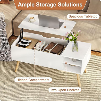 ALINE FURNITURE White Coffee Table Lift Top - Coffee Table with Solid Wood Legs, Hidden Storage Compartment & Open Shelves - 40" Lift Up Coffee Tables for Living Room