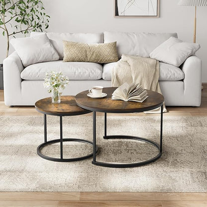 Smuxee Rustic Nesting Coffee Table Set of 2, 27.6" Round Coffee Table Wooden Marble Pattern with Adjustable Non-Slip Feet, Industrial End Table for Living Room Bedroom Balcony