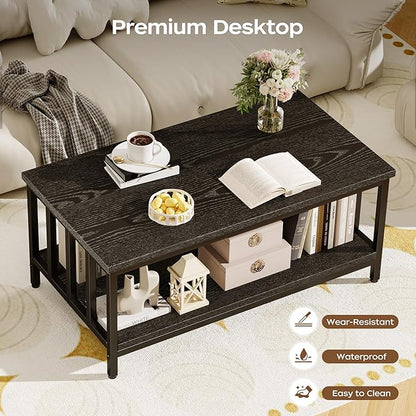 Coffee Table for Living Room with Slatted Sides Frame, Modern Farmhouse Living Room Table with 2-Tier Storage Shelf for Home Office, Apartment, 39 inch, Black