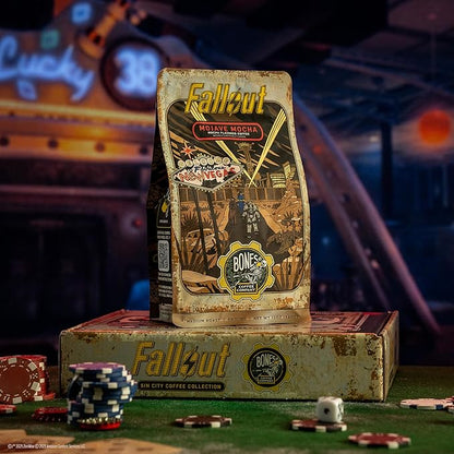 Bones Coffee Company Fallout Mojave Mocha, Mocha Flavored Coffee, Medium Roast Low Acid Arabica Beans Compatible with Auto drip and French Press Coffee Maker, 12 Oz Whole Bean