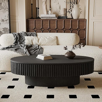47 Inch Oval Drum Coffee Table with Storage, Handcraft Fluted Drum Coffee Table, Modern Wooden Oval Cocktail Tea Table Center Table with Sturdy Pedestal for Living Room Apartment (Black)