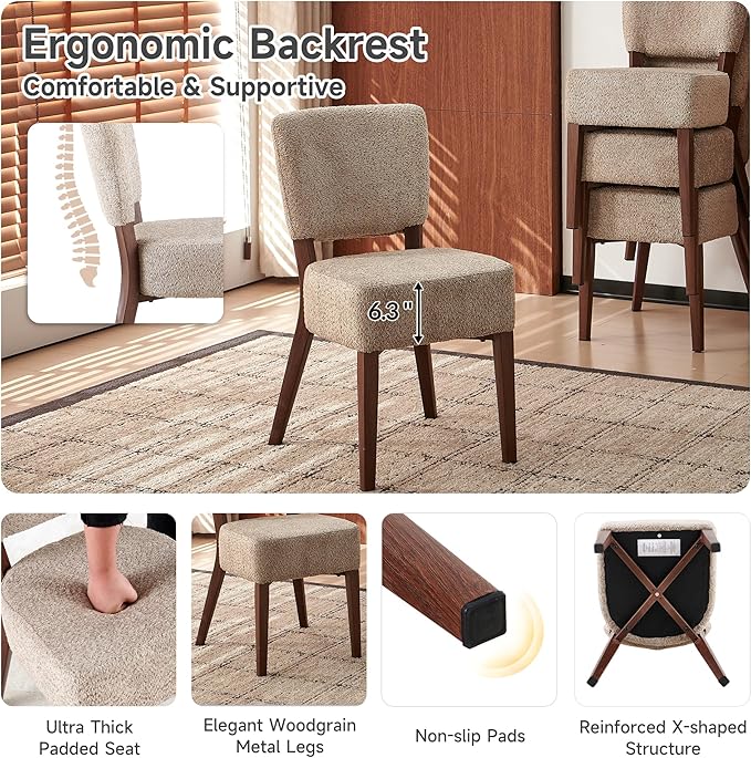 Howtek Modern Dining Chairs Set of 4 with 6.3" Thick Seat Cushions, Space-Saving Stackable Upholstered Kitchen Chairs, Ergonomic Backrest & Metal Legs, Brown