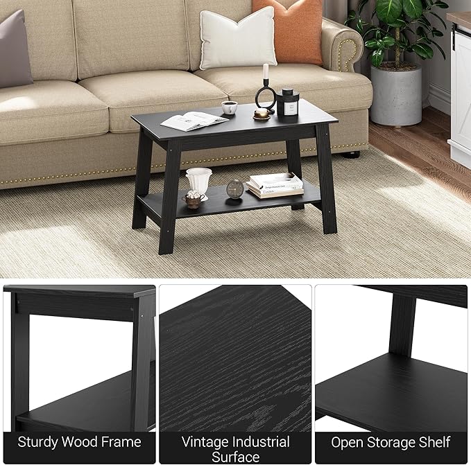 31.5 Inch Coffee Table with 2-Tier Storage – Modern Industrial Farmhouse Coffee Table for Living Room, Compact Durable MDF & Particle Board, Easy Assembly, Black Center Table for Living Room or Office