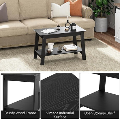 31.5 Inch Coffee Table with 2-Tier Storage – Modern Industrial Farmhouse Coffee Table for Living Room, Compact Durable MDF & Particle Board, Easy Assembly, Black Center Table for Living Room or Office