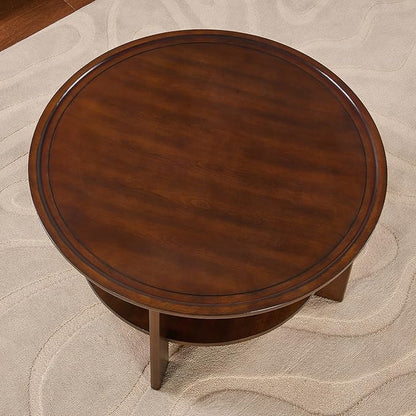 MODERION Round Tray Top Coffee Table with Storage Shelf, Farmhouse Wood Cocktail Tables, Living Room Center Tea Table-, 31.9" Dia x 17.7" H, Easy Assembly Dark Cherry Red YKFZ-D0036-DCR