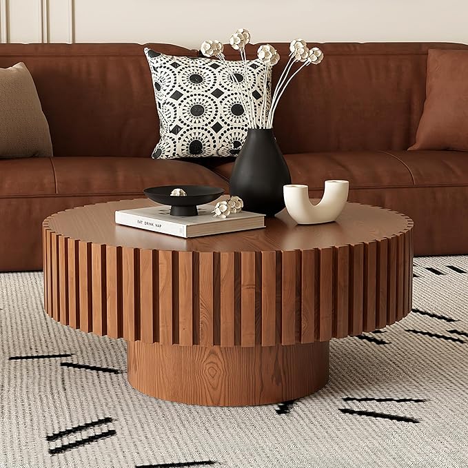 31.5" Round Drum Coffee Table, Modern Handcraft Fluted Drum Center Table, Wooden Round Coffee Table Center Table with Sturdy Pedestal for Living Room Apartment (Natural Wood)