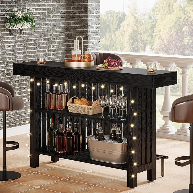 Tribesigns Black Large Home Bar Unit, 2-Tier Mini Bar Table Height Pub Table with Footrest, 63-Inch Modern Coffee Bar Cabinet for Home Kitchen, Bistro, Dining Room, Living Room