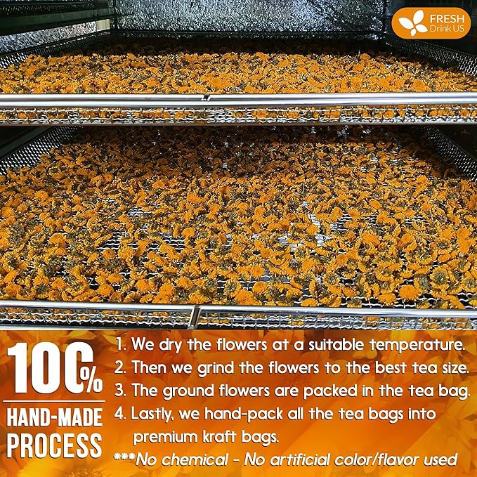 FreshDrinkUS, Premium 135 Calendula Tea Bags, 100% Natural and Pure Calendula Flowers, Eco-conscious Tea Bags. Herbal Tea. No Sugar, No Caffeine, No Gluten, Vegan.