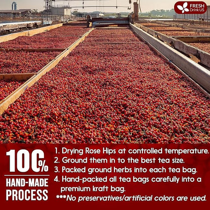 FreshDrinkUS, Premium 30 Rosehip Tea Bags, 100% Natural & Pure from Rose Hip Fruits. Loose Rosehip Herbal Tea. Made with Natural Material Tea Bags. No Sugar, No Caffeine, No Gluten, Vegan.