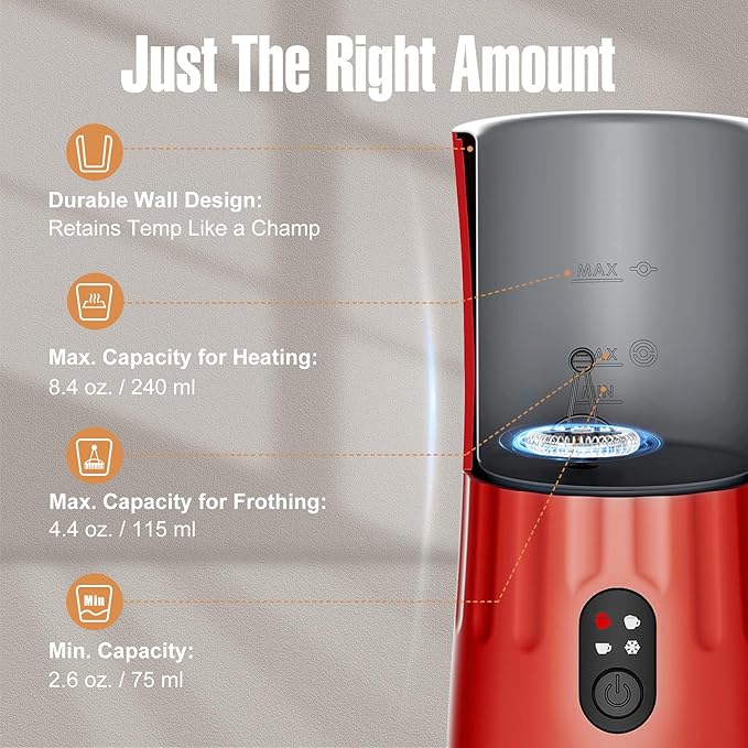 Milk Frother, 4-in-1 Electric Milk Frother and Steamer, Automatic Hot and Cold Foam Maker and Milk Warmer for Coffee, Latte, Cappuccino, Macchiato, Hot Chocolate(Cardinal Red)