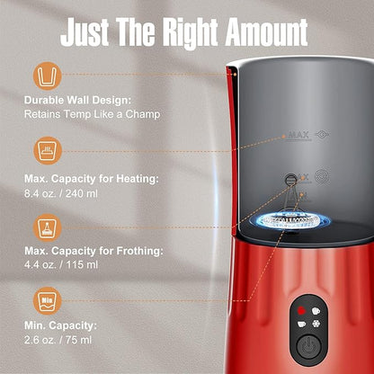 Milk Frother, 4-in-1 Electric Milk Frother and Steamer, Automatic Hot and Cold Foam Maker and Milk Warmer for Coffee, Latte, Cappuccino, Macchiato, Hot Chocolate(Cardinal Red)