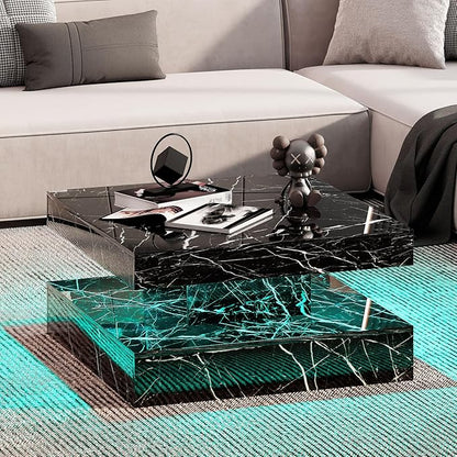 Black Marble LED Coffee Table for Living Room, Living Room Table 2-Tier Square Middle Center Table, Modern Coffee Tables with Storage, Contemporary Wood Tea Tables for Dining Reception