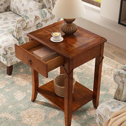 PADMA HOUSE Solid Wood End Table with Drawer & Shelf, Rectangle Sofa Side Table with Dual-Hourglass Tabletop Mid-Century Apartment Bedside Table for Living Room Bedroom,19.7 * 15.7 * 27.6in