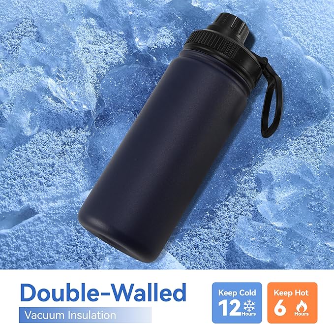 DOMICARE 16 oz Kids Water Bottle for School Stainless Steel Double Wall Vacuum Insulated Water Bottle with Straw lids & Spout Lid, Leakproof BPA Free (Navy,8)