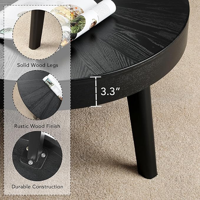 Farmhouse Round Coffee Table Set of 3, Black Sofa Side Nesting Tables End Table Set with Wood Natural Finish for Living Room, Bedroom, Home Office, Conference
