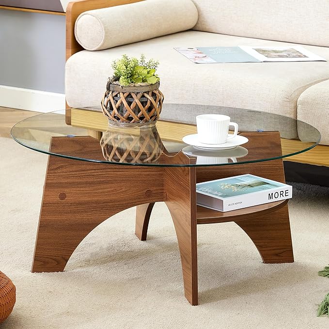31.5" Round Glass Coffee Table with Tempered Glass Top and MDF Base, Diagonal Fan-Shaped Tray Design Table Leg Simple & Modern Center Table for Living Room Office Apartment Walnut