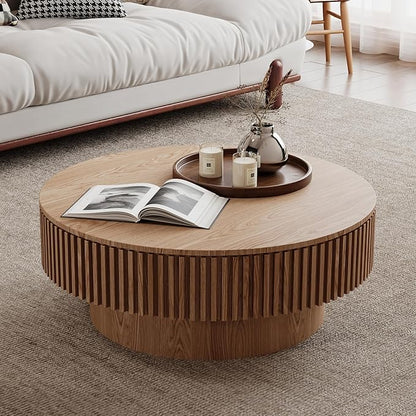 31.5 Inch Round Drum Coffee Table with Storage, Modern Handcraft Fluted Drum Coffee Table, Wooden Round Coffee Table Center Table with Sturdy Pedestal for Living Room Apartment (Natural)