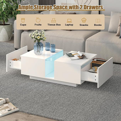 White Led Coffee Table for Living Room, Rectangular Living Room Table with Storage, Acrylic Coffee Tables with 2 Sliding Drawers, Wood Center Table for Reception Dinning Room