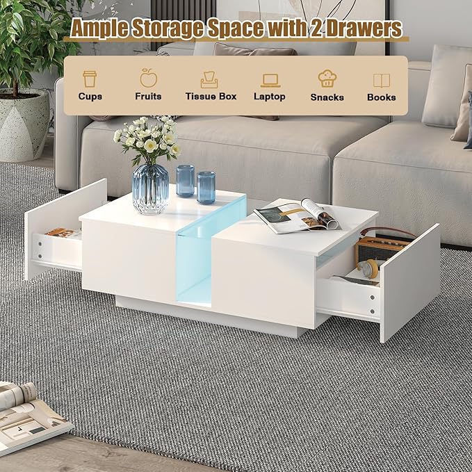 White Led Coffee Table for Living Room, Rectangular Living Room Table with Storage, Acrylic Coffee Tables with 2 Sliding Drawers, Wood Center Table for Reception Dinning Room