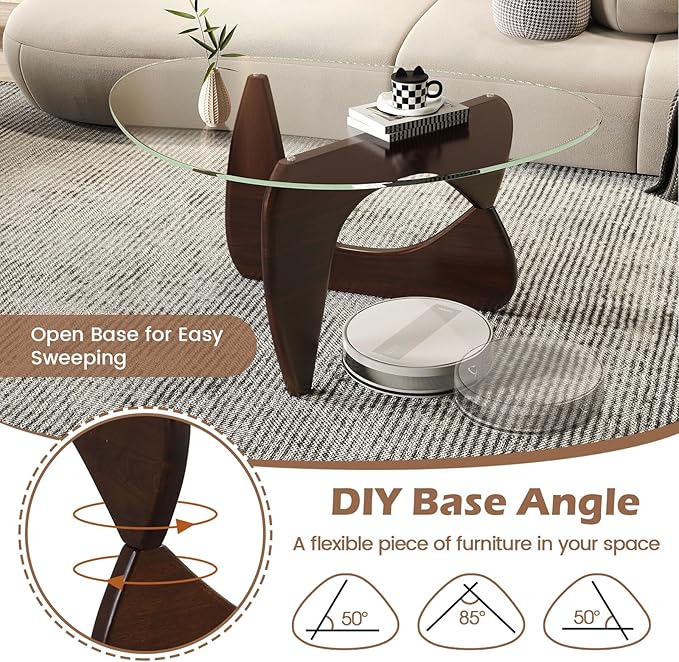 Tangkula Triangle Glass Coffee Table, Mid-Century Modern Center Table with Tempered Glass Top & Adjustable Rubber Wood Base, Small Coffee Table for Small Spaces, Living Room & Reception Room (Walnut)