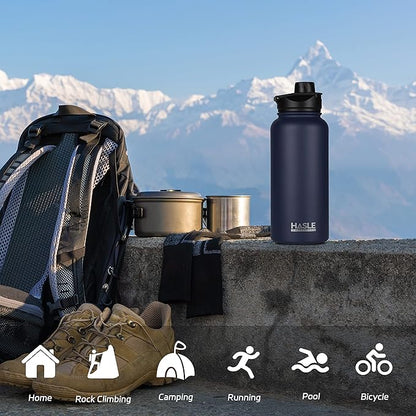 HASLE OUTFITTERS 32 oz Insulated Water Bottle Stainless Steel Double Walled Vacuum Sports Water Bottle with 2 Lids (Straw and Spout Lid) for Gym Camping Hiking(Navy,8)