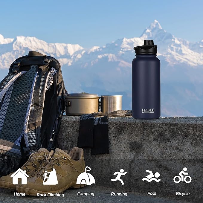 HASLE OUTFITTERS 32 oz Insulated Water Bottle Stainless Steel Double Walled Vacuum Sports Water Bottle with 2 Lids (Straw and Spout Lid) for Gym Camping Hiking(Navy,4)
