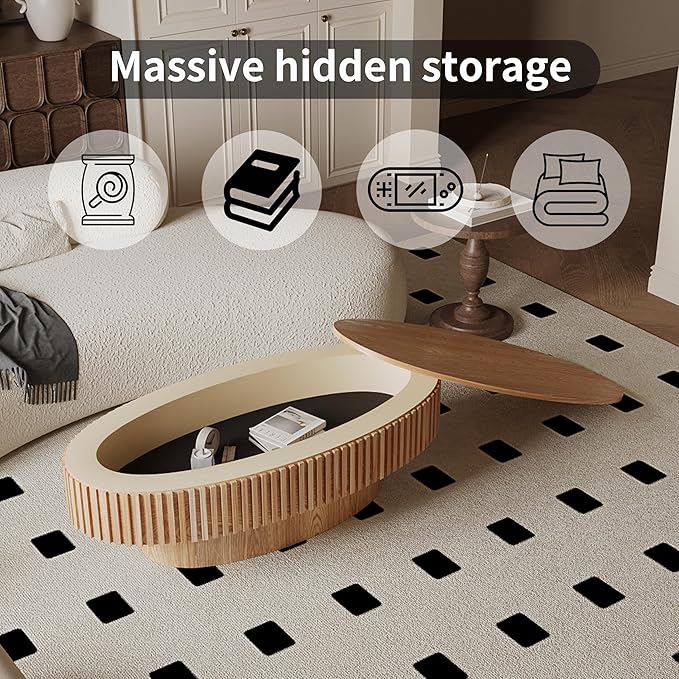 47 Inch Oval Drum Coffee Table with Storage, Handcraft Fluted Drum Coffee Table, Modern Wooden Oval Cocktail Tea Table Center Table with Sturdy Pedestal for Living Room Apartment (Natural)